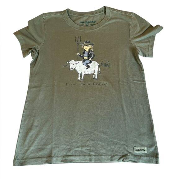 Life Is Good Livin On A Prairie Short Sleeve Crusher Tee Womens Med Olive Green - Picture 1 of 8